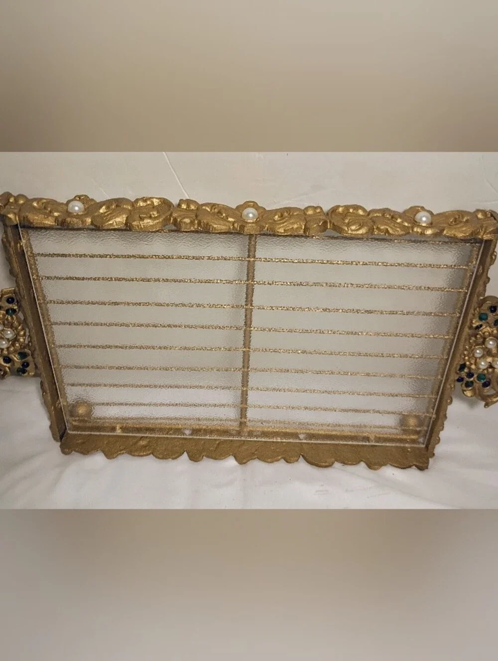 Vtg '60s Hollywood Regency Jeweled Peacock Vanity Tray & Letter Holder Set Gold